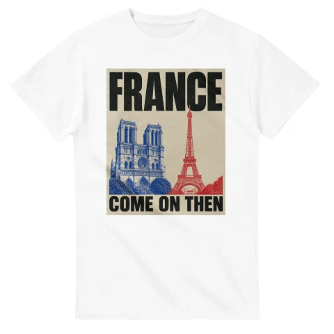 Two-colour scenic illustration for France, with the place name and COME ON THEN lettering.