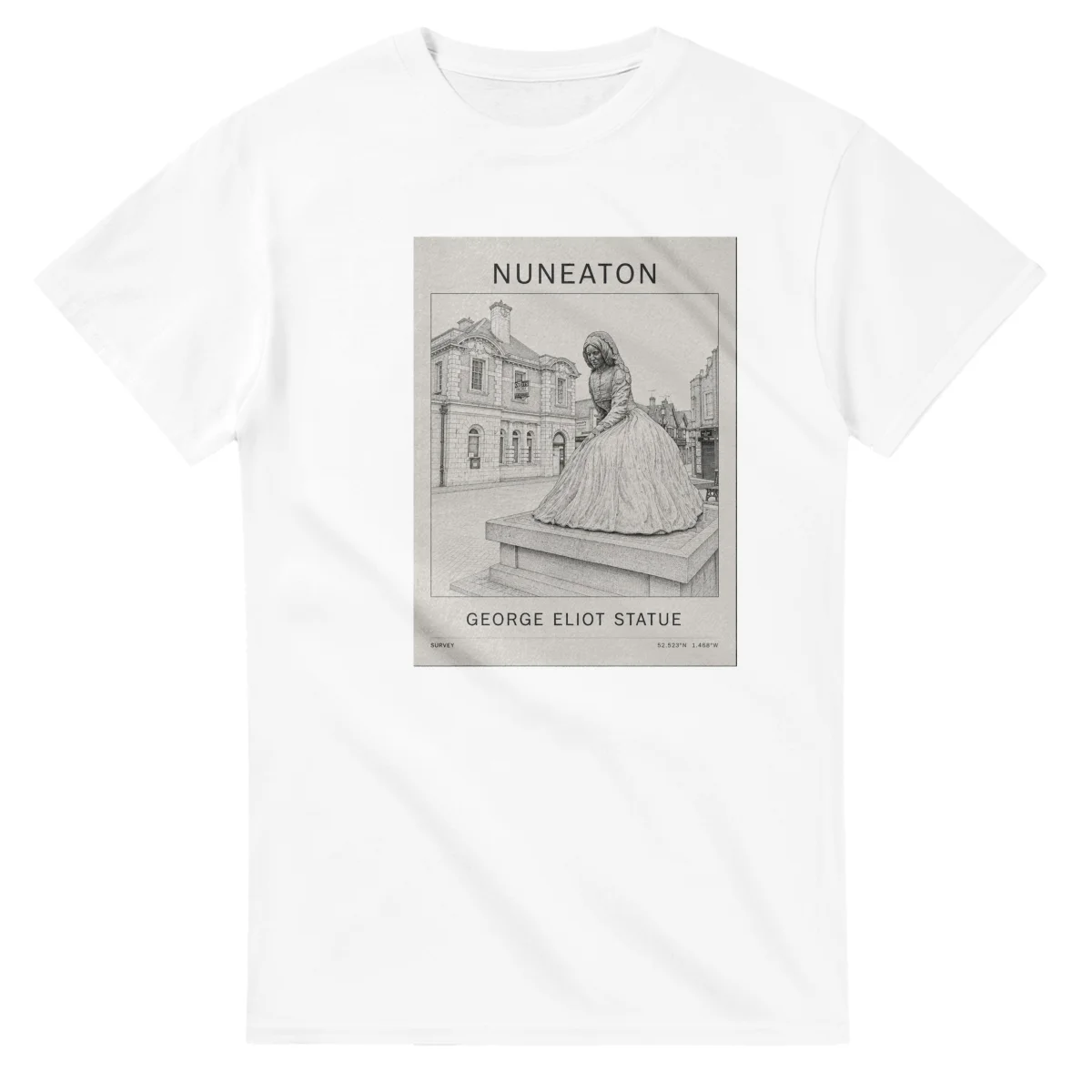 Fine-line engraving-style drawing for Nuneaton, with a landmark caption and small coordinate text.