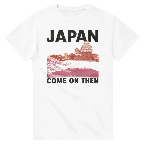 Two-colour scenic illustration for Japan, with the place name and COME ON THEN lettering.