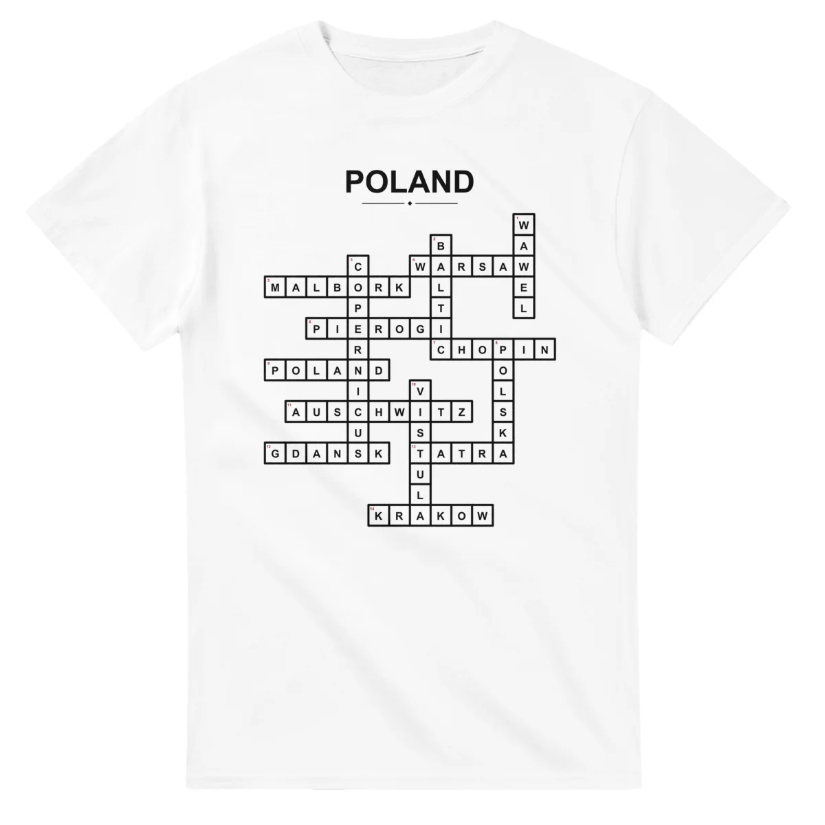 Monochrome crossword sheet for Poland, with a large place-name heading, a letter grid, and numbered across and down clues.
