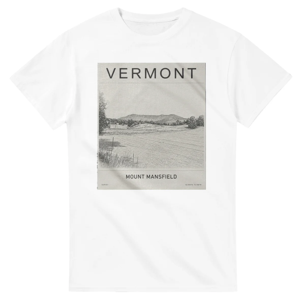 Fine-line engraving-style drawing for Vermont, with a landmark caption and small coordinate text.