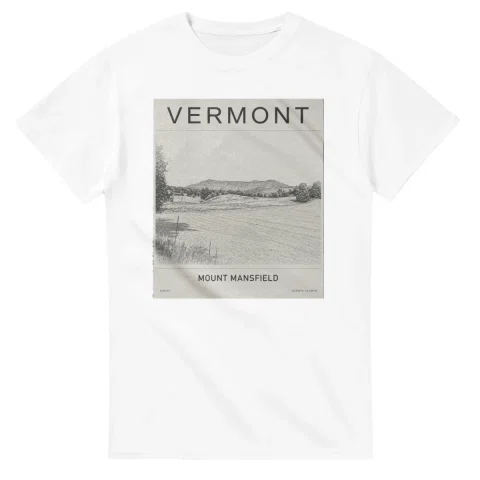 Fine-line engraving-style drawing for Vermont, with a landmark caption and small coordinate text.
