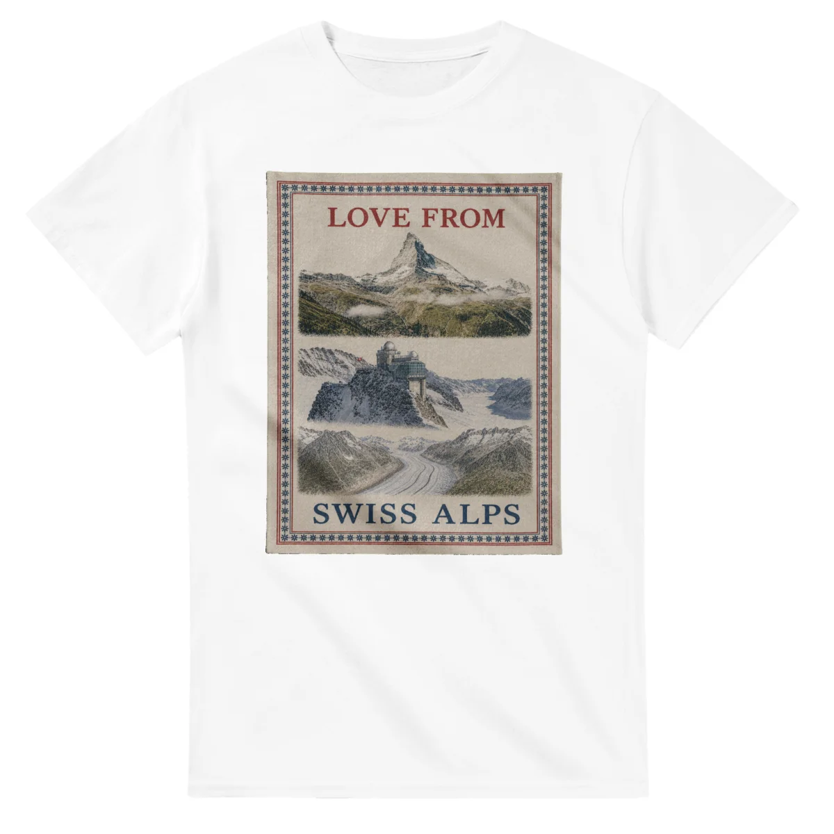 Framed scenic design for Swiss Alps, with several local views, a decorative border and LOVE FROM lettering.