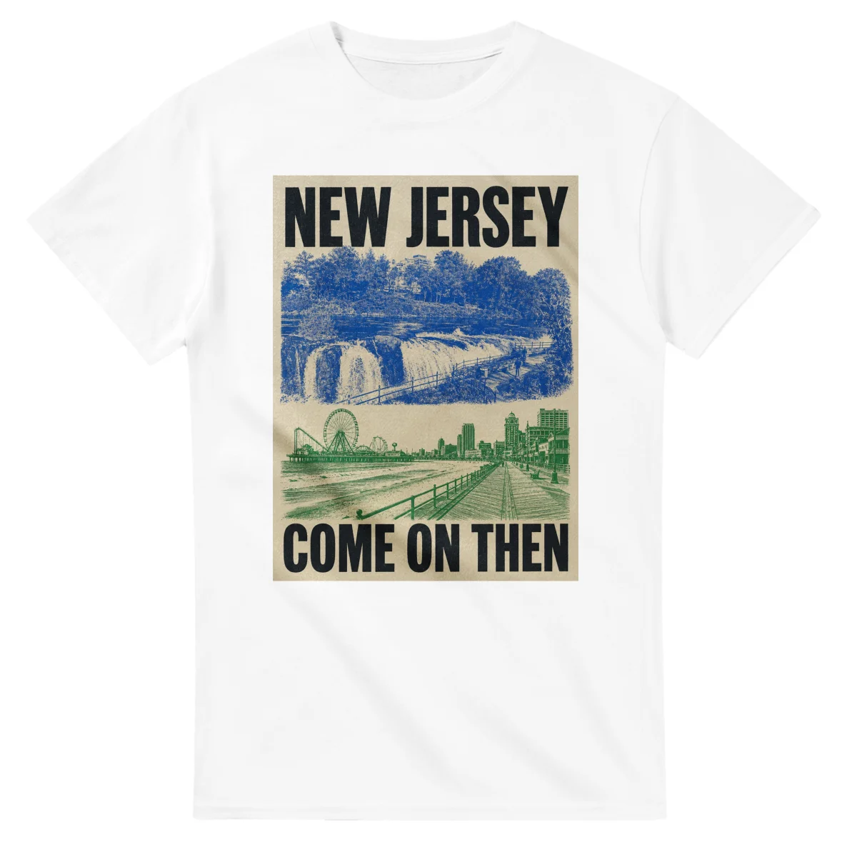 Two-colour scenic illustration for New Jersey, with the place name and COME ON THEN lettering.