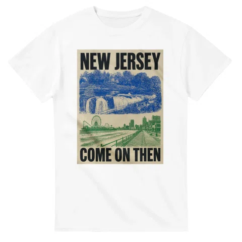 Two-colour scenic illustration for New Jersey, with the place name and COME ON THEN lettering.