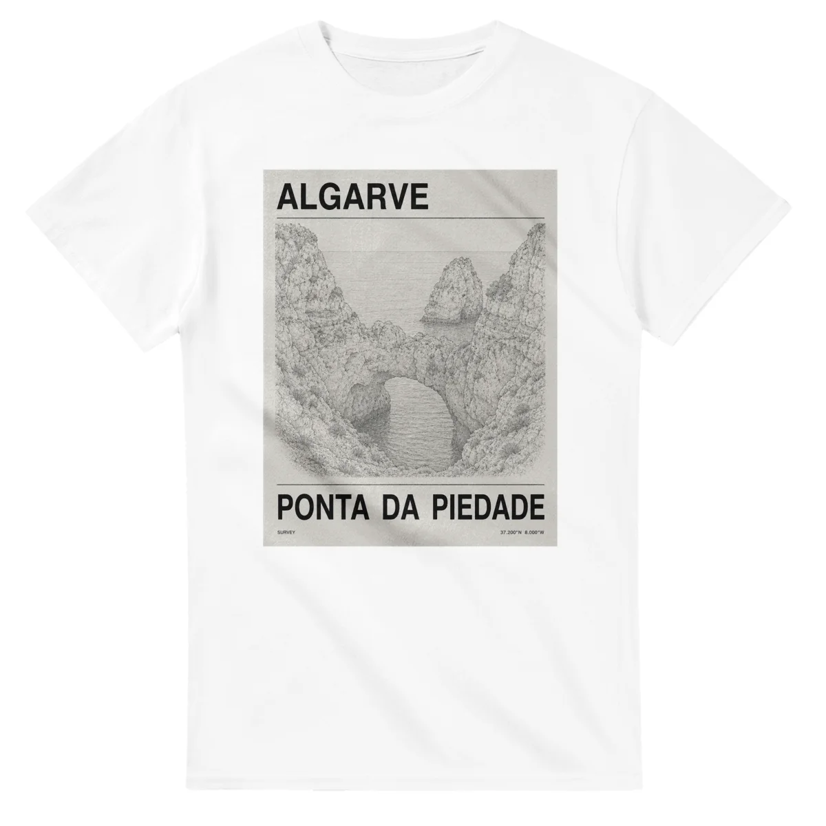 Fine-line engraving-style drawing for Algarve, with a landmark caption and small coordinate text.