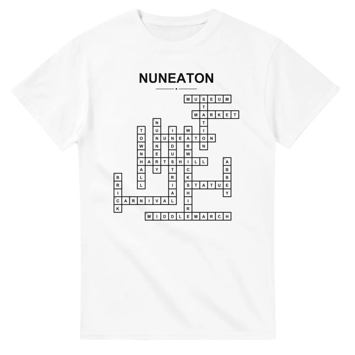 Monochrome crossword sheet for Nuneaton, with a large place-name heading, a letter grid, and numbered across and down clues.