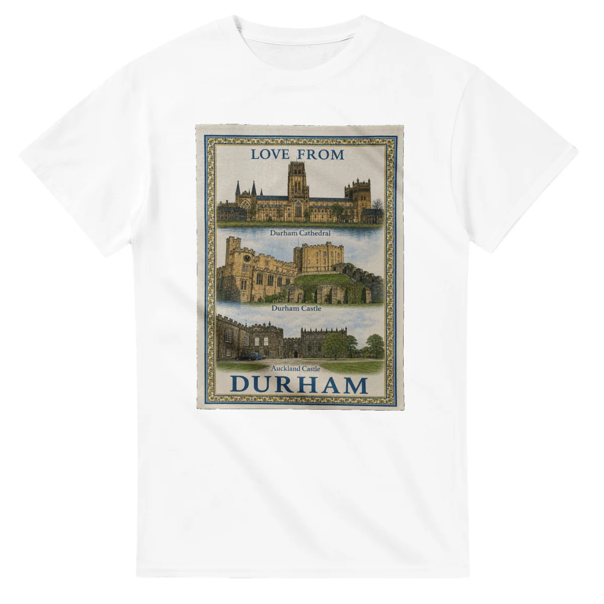 Framed scenic design for County Durham, with several local views, a decorative border and LOVE FROM lettering.