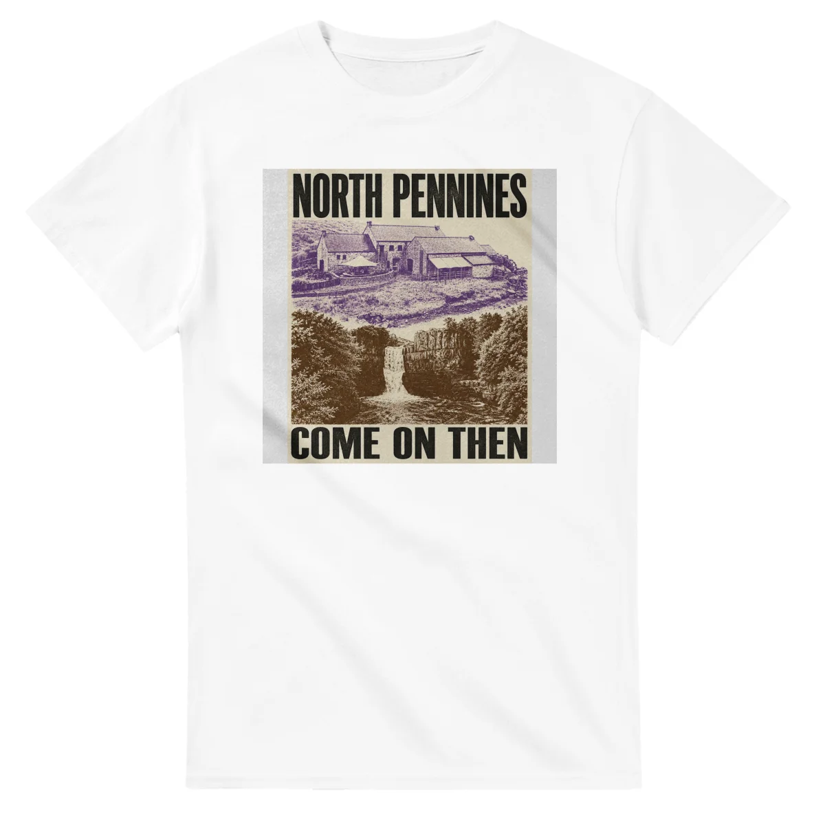 Two-colour scenic illustration for North Pennines, with the place name and COME ON THEN lettering.