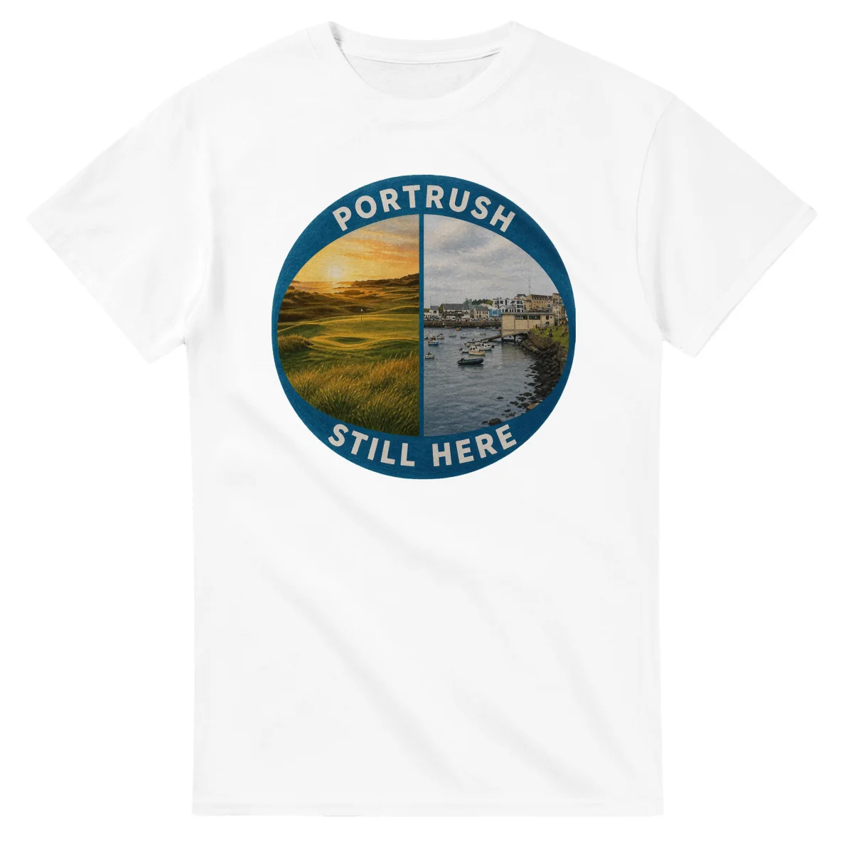 Painted, panelled scenic illustration for Portrush, with paired local scenes and the place name in lettering.