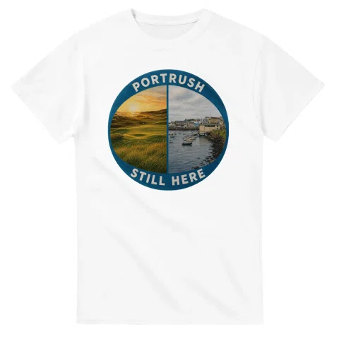 Painted, panelled scenic illustration for Portrush, with paired local scenes and the place name in lettering.