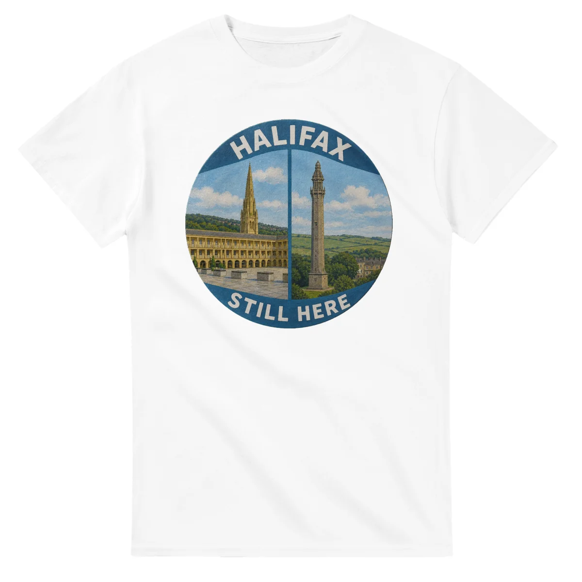 Painted, panelled scenic illustration for Halifax, with paired local scenes and the place name in lettering.