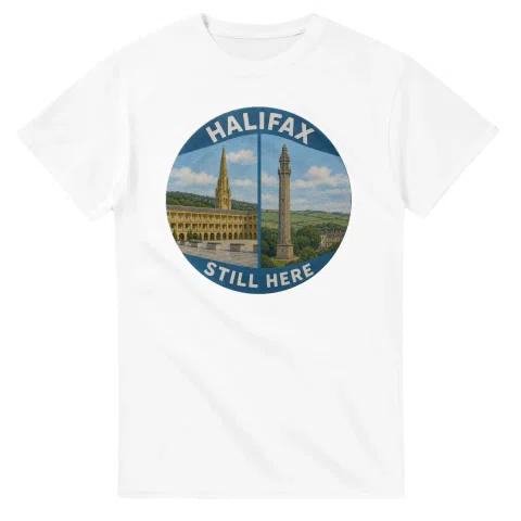Painted, panelled scenic illustration for Halifax, with paired local scenes and the place name in lettering.
