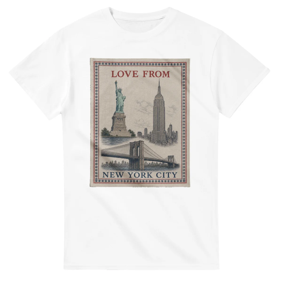 Framed scenic design for New York City, with several local views, a decorative border and LOVE FROM lettering.