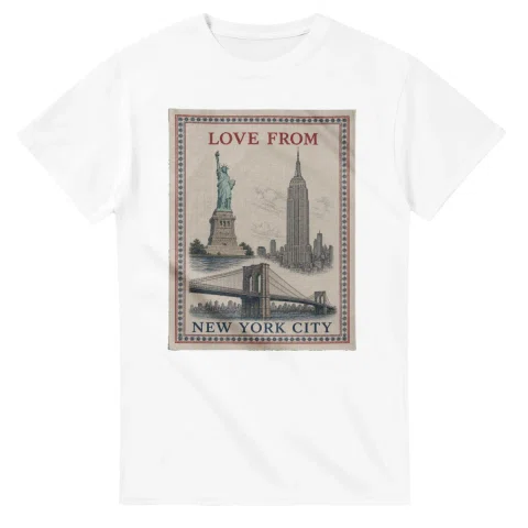 Framed scenic design for New York City, with several local views, a decorative border and LOVE FROM lettering.