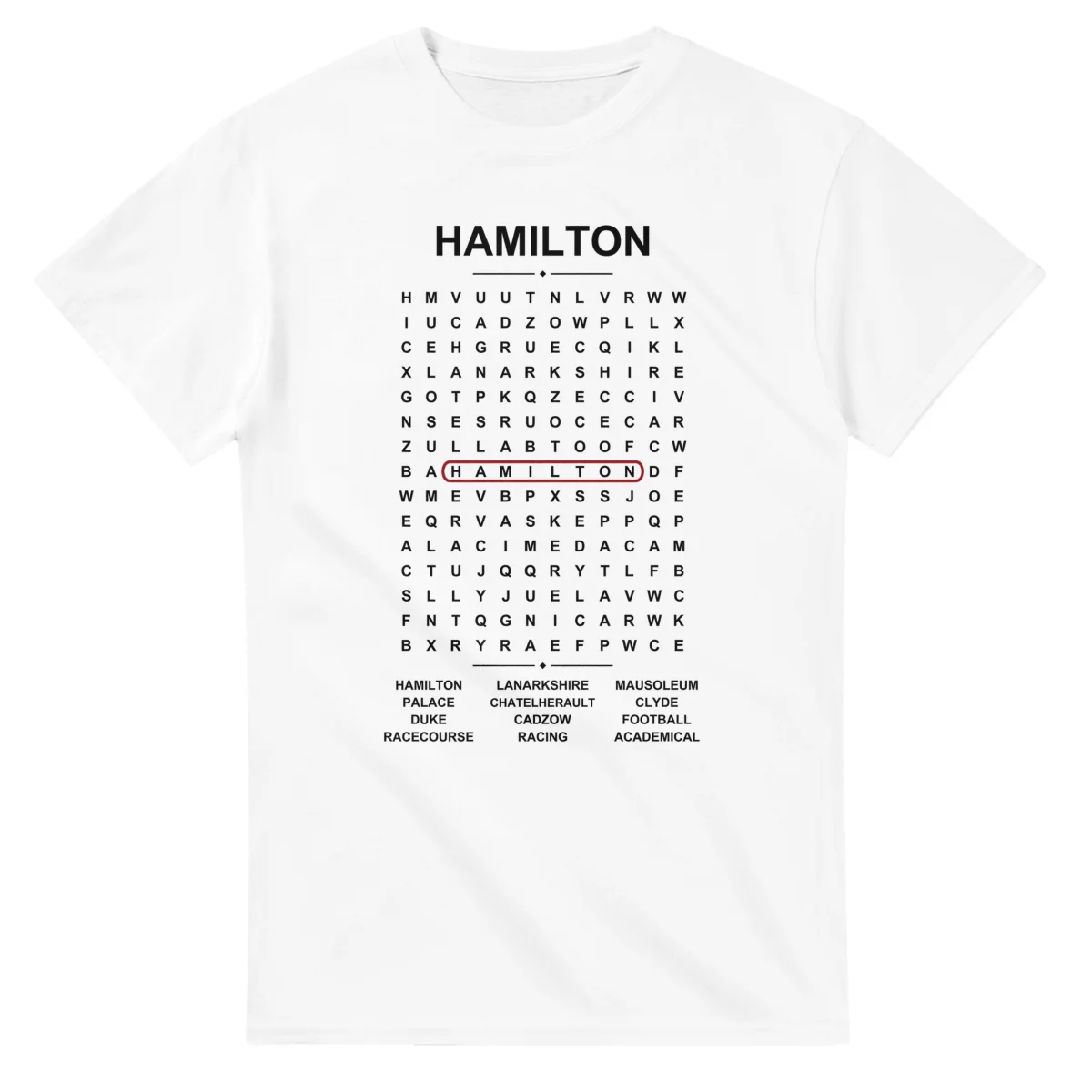 Word-search sheet for Hamilton, with a large place-name heading, a letter grid, a local answer list, and a red highlighted example word.