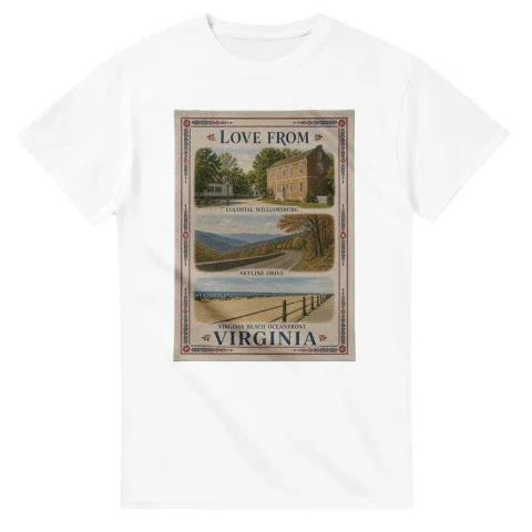Framed scenic design for Virginia, with several local views, a decorative border and LOVE FROM lettering.