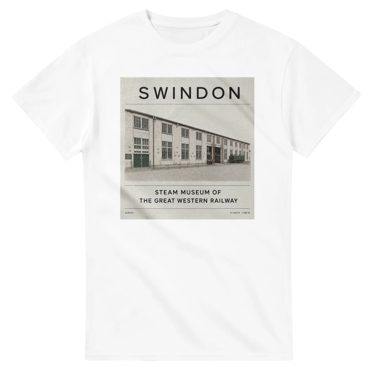 Fine-line engraving-style drawing for Swindon, with a landmark caption and small coordinate text.