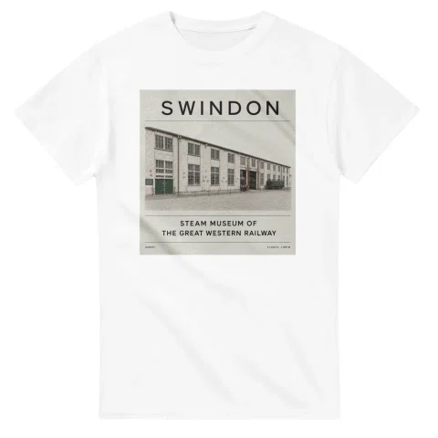 Fine-line engraving-style drawing for Swindon, with a landmark caption and small coordinate text.