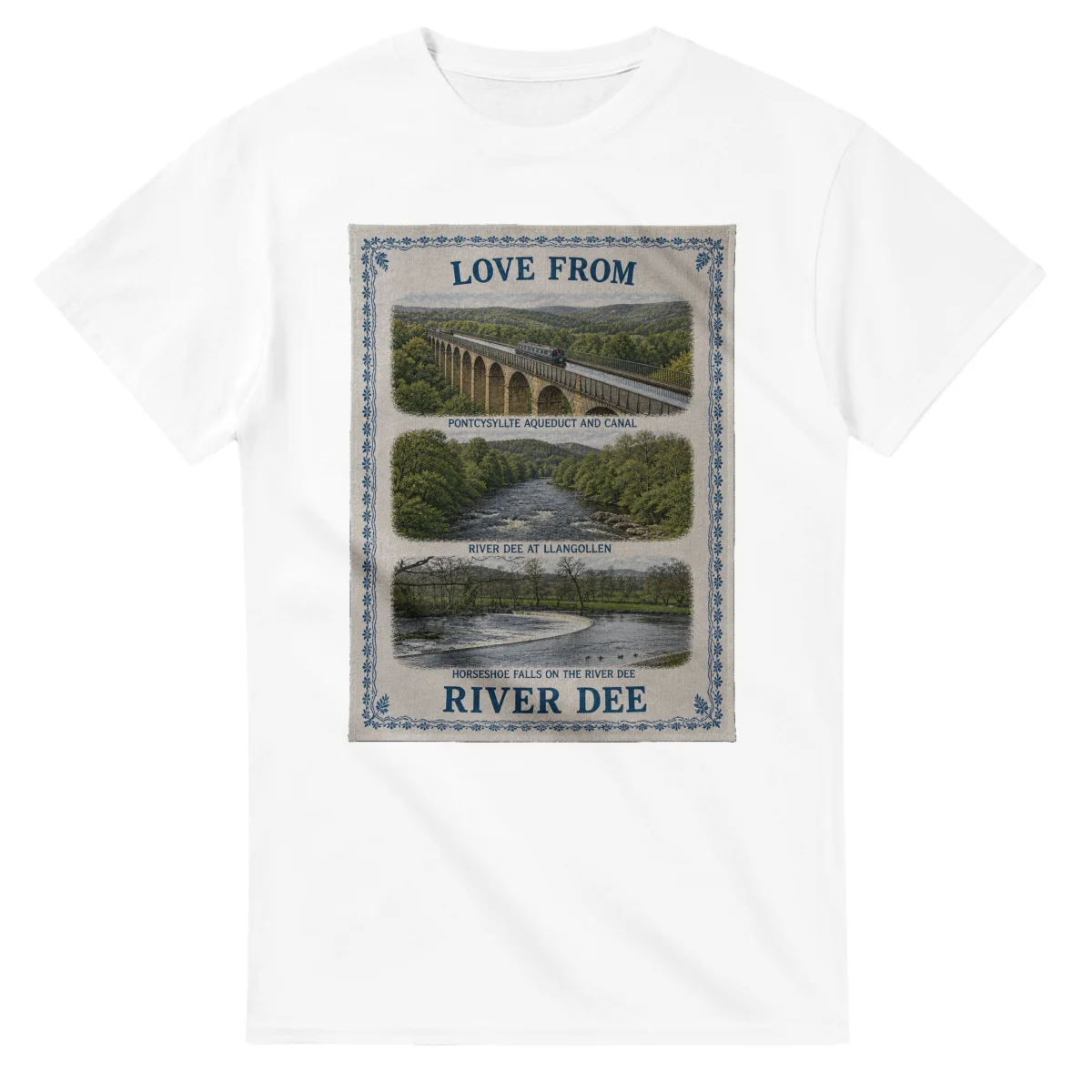 Framed scenic design for River Dee, with several local views, a decorative border and LOVE FROM lettering.