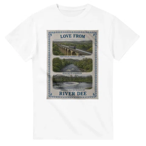 Framed scenic design for River Dee, with several local views, a decorative border and LOVE FROM lettering.