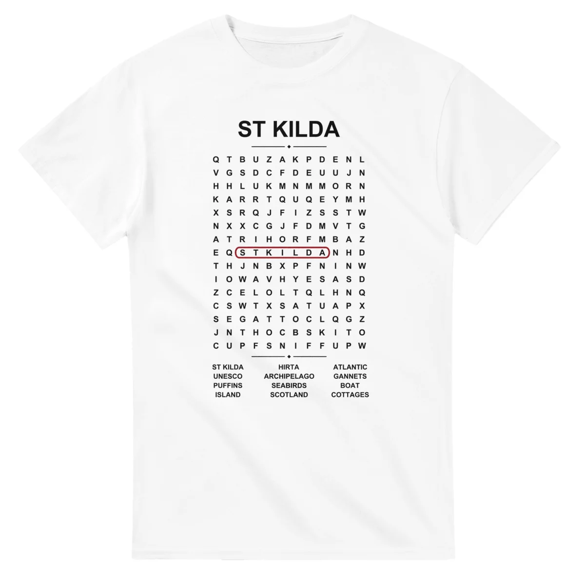 Word-search sheet for St Kilda, with a large place-name heading, a letter grid, a local answer list, and a red highlighted example word.