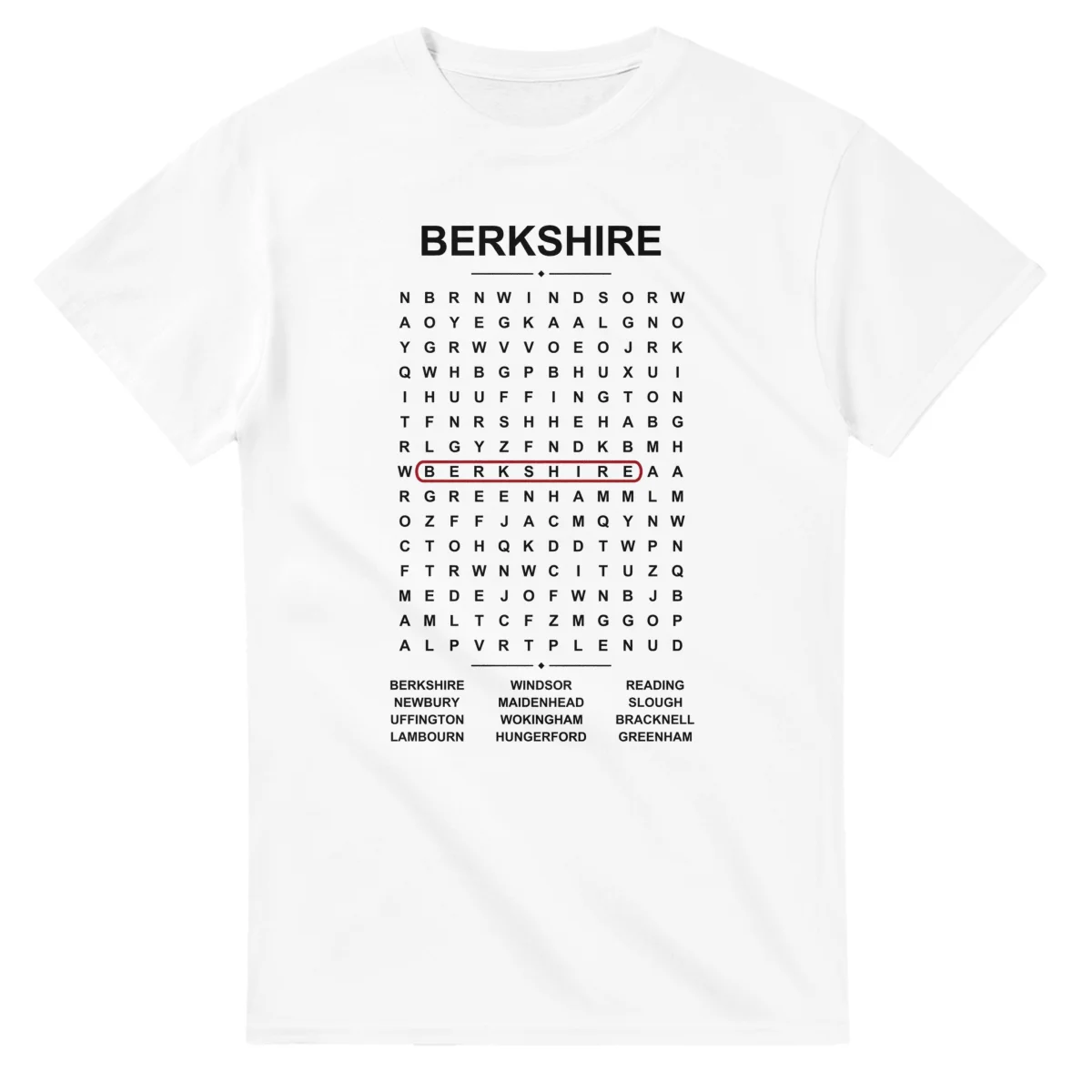 Word-search sheet for Berkshire, with a large place-name heading, a letter grid, a local answer list, and a red highlighted example word.