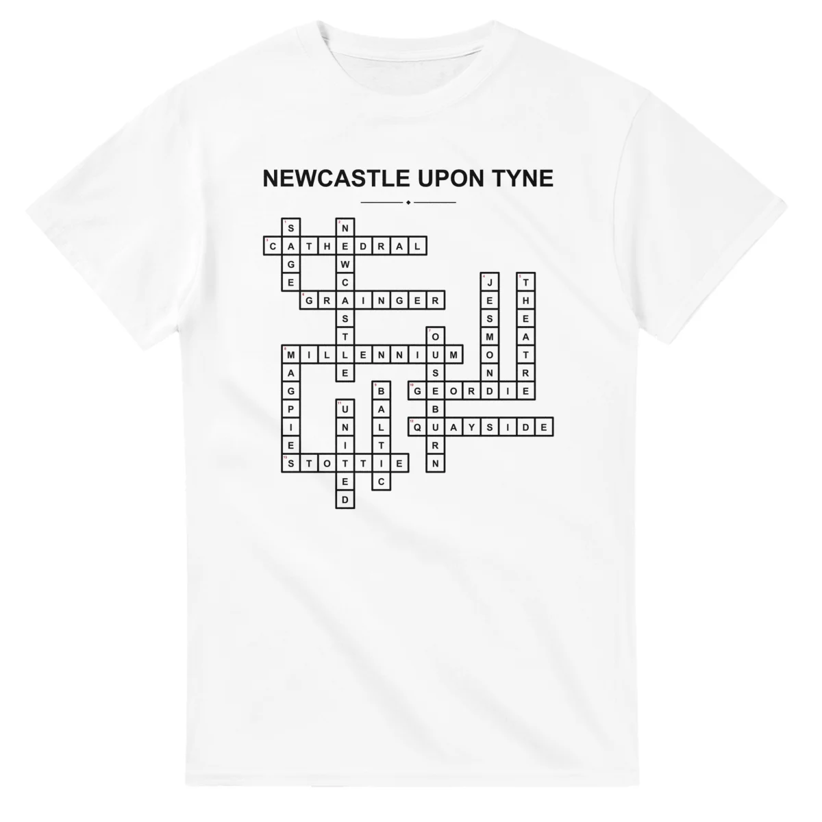 Monochrome crossword sheet for Newcastle upon Tyne, with a large place-name heading, a letter grid, and numbered across and down clues.