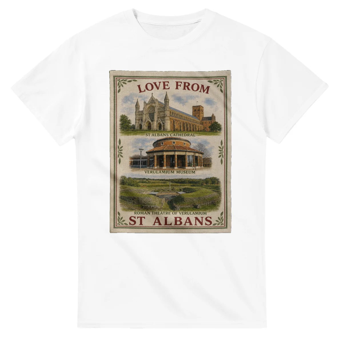 Framed scenic design for St Albans, with several local views, a decorative border and LOVE FROM lettering.