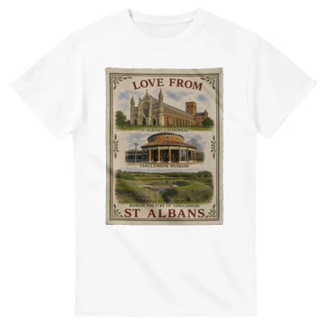 Framed scenic design for St Albans, with several local views, a decorative border and LOVE FROM lettering.