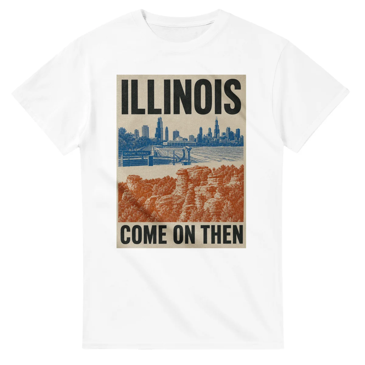 Two-colour scenic illustration for Illinois, with the place name and COME ON THEN lettering.