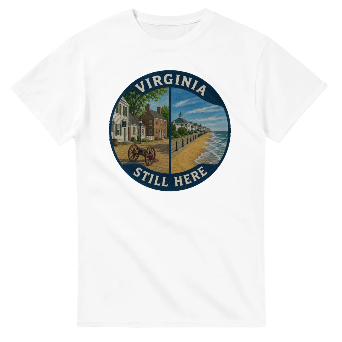 Painted, panelled scenic illustration for Virginia, with paired local scenes and the place name in lettering.