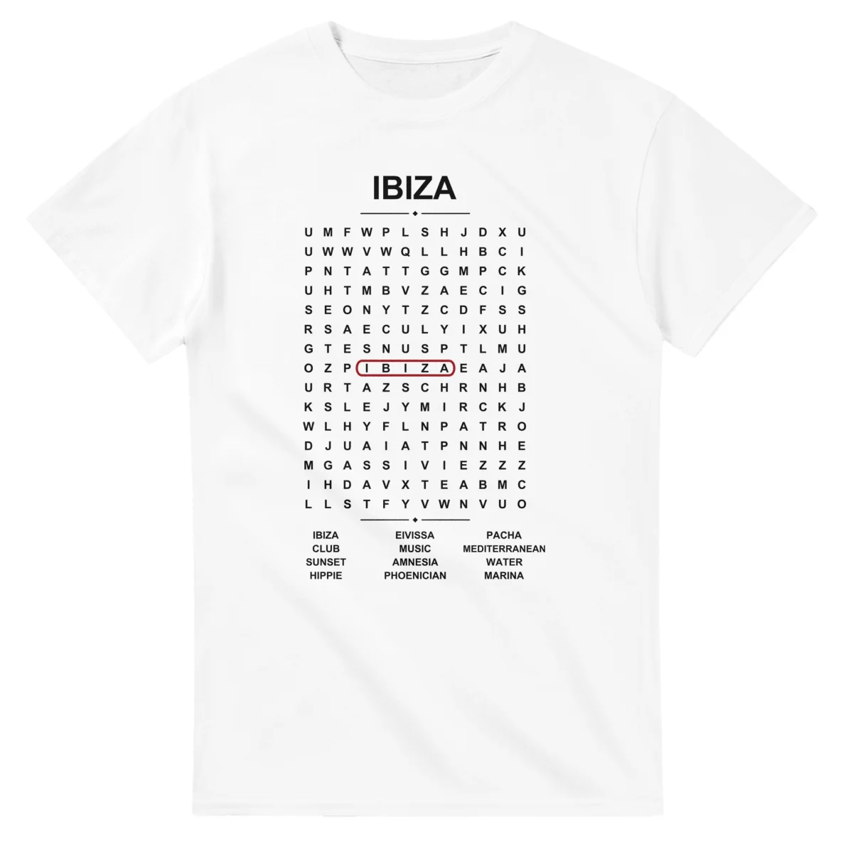 Word-search sheet for Ibiza, with a large place-name heading, a letter grid, a local answer list, and a red highlighted example word.