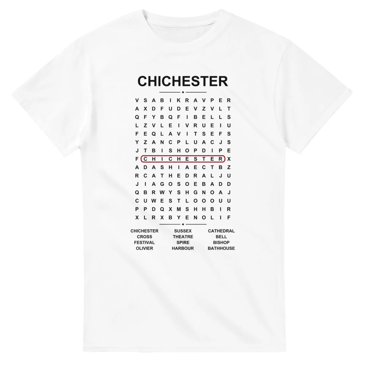 Word-search sheet for Chichester, with a large place-name heading, a letter grid, a local answer list, and a red highlighted example word.