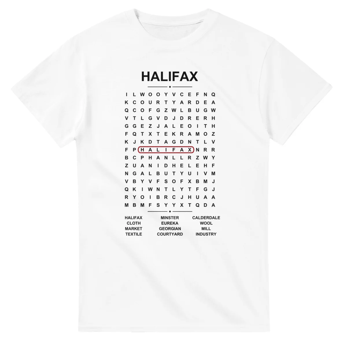 Word-search sheet for Halifax, with a large place-name heading, a letter grid, a local answer list, and a red highlighted example word.