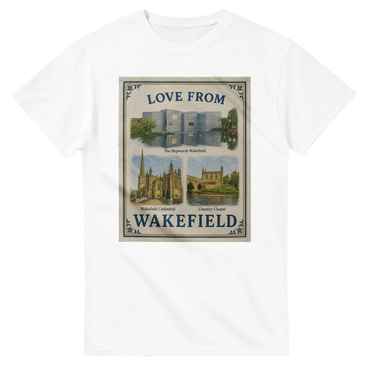 Framed scenic design for Wakefield, with several local views, a decorative border and LOVE FROM lettering.