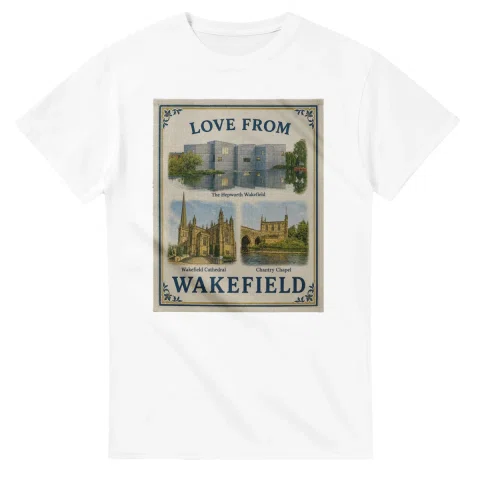 Framed scenic design for Wakefield, with several local views, a decorative border and LOVE FROM lettering.