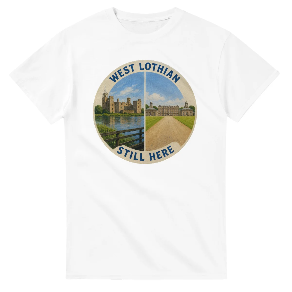 Painted, panelled scenic illustration for West Lothian, with paired local scenes and the place name in lettering.