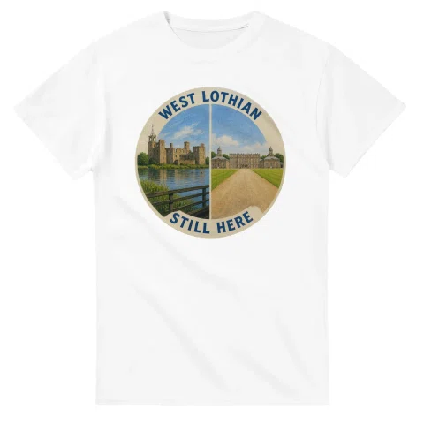 Painted, panelled scenic illustration for West Lothian, with paired local scenes and the place name in lettering.