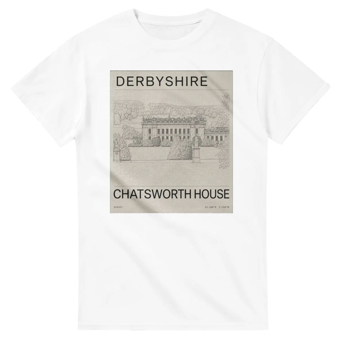 Fine-line engraving-style drawing for Derbyshire, with a landmark caption and small coordinate text.