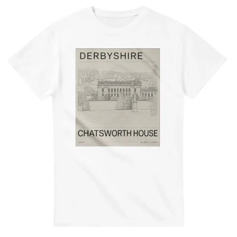 Fine-line engraving-style drawing for Derbyshire, with a landmark caption and small coordinate text.