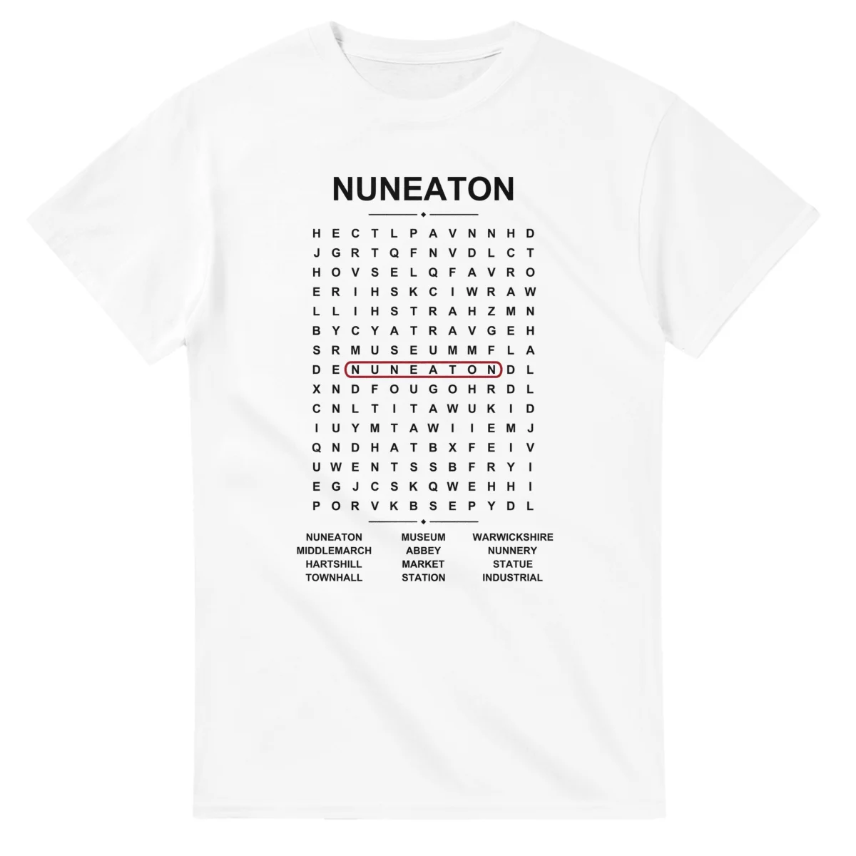 Word-search sheet for Nuneaton, with a large place-name heading, a letter grid, a local answer list, and a red highlighted example word.