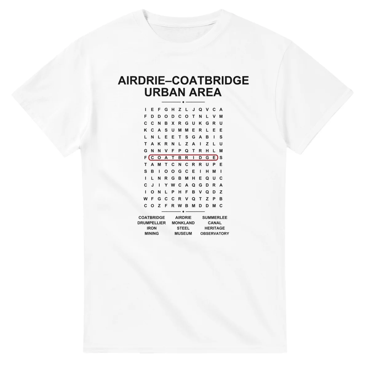 Word-search sheet for Airdrie-Coatbridge urban area, with a large place-name heading, a letter grid, a local answer list, and a red highlighted example word.