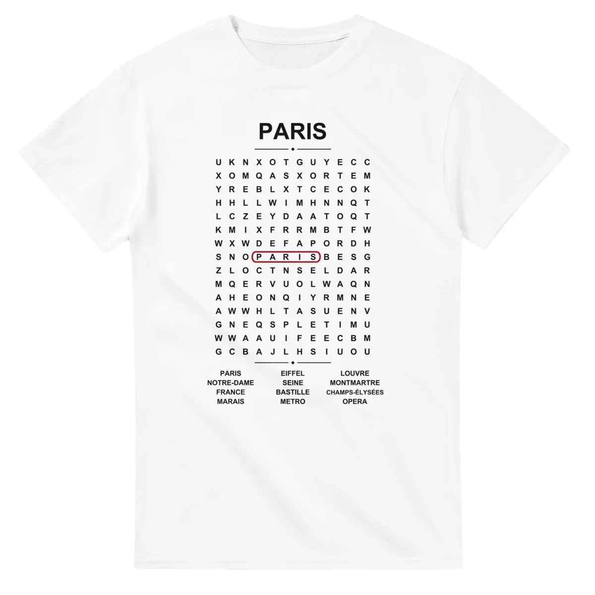 Word-search sheet for Paris, with a large place-name heading, a letter grid, a local answer list, and a red highlighted example word.