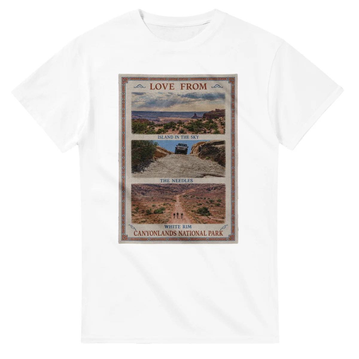 Framed scenic design for Canyonlands National Park, with several local views, a decorative border and LOVE FROM lettering.