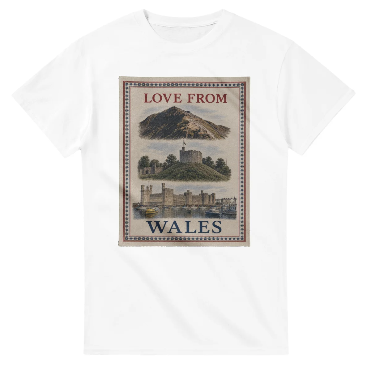 Framed scenic design for Wales, with several local views, a decorative border and LOVE FROM lettering.