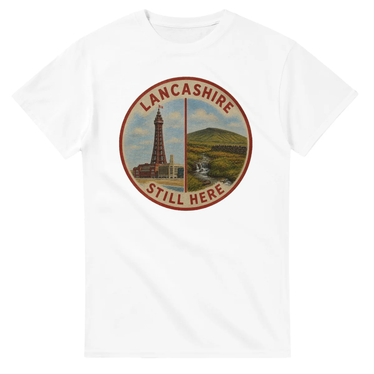 Painted, panelled scenic illustration for Lancashire, with paired local scenes and the place name in lettering.