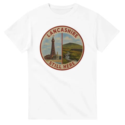 Painted, panelled scenic illustration for Lancashire, with paired local scenes and the place name in lettering.