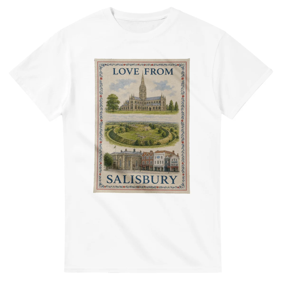 Framed scenic design for Salisbury, with several local views, a decorative border and LOVE FROM lettering.