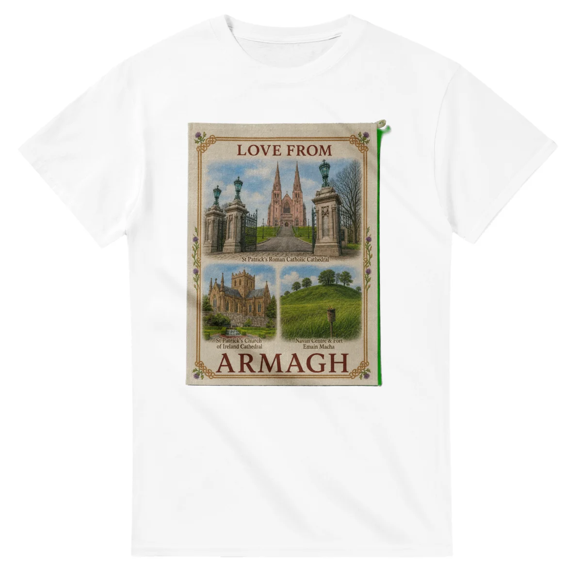 Framed scenic design for Armagh, with several local views, a decorative border and LOVE FROM lettering.